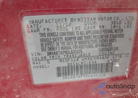 2013 Nissan Sentra Sr from USA, damaged, VIN 3N1AB7AP9DL631375